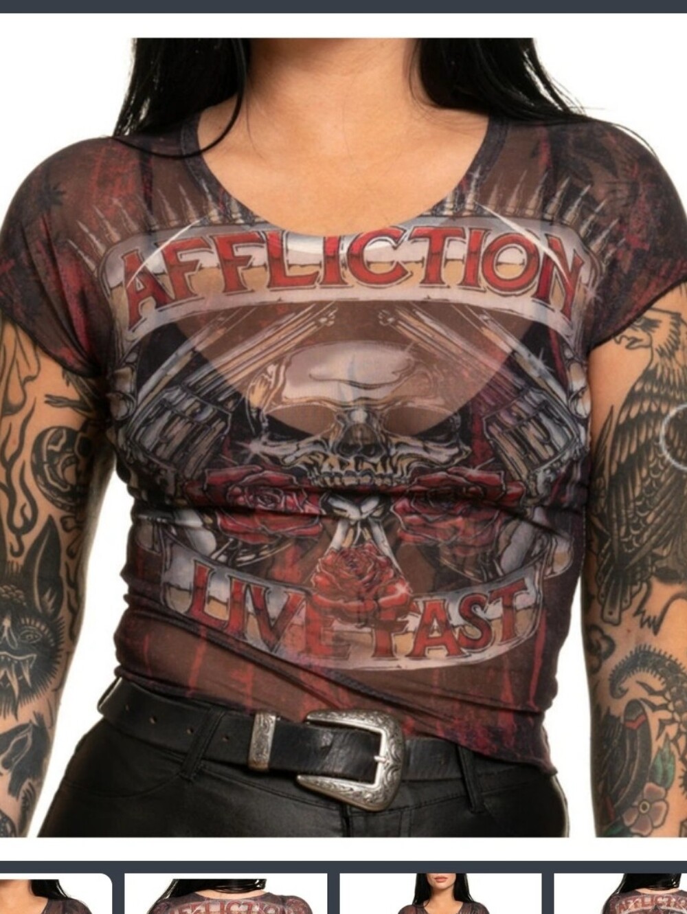 NWT Women's Affliction Hollow Point Semi Sheer American Fighter Shirt Womens L